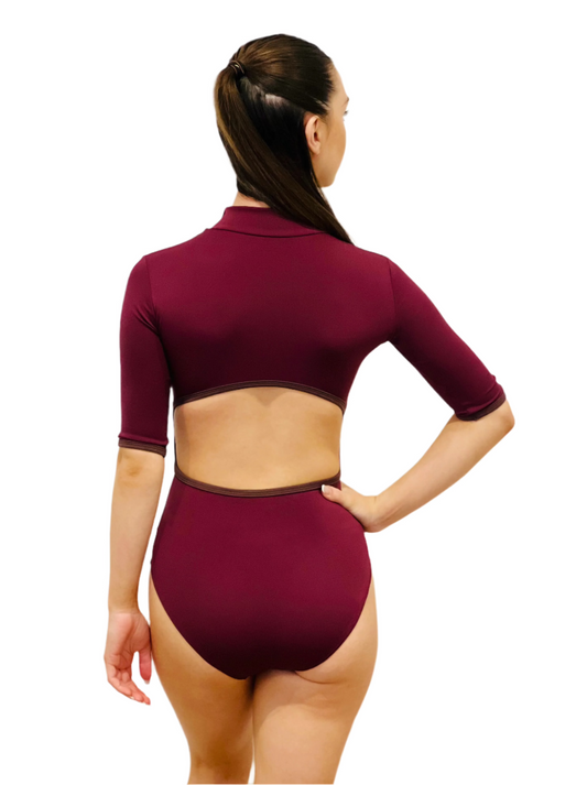 THE COLLECTIVE DANCEWEAR The Zip Up Leotard with 3/4 Sleeve - Burgundy#mLeotardTHE COLLECTIVE DANCEWEAR