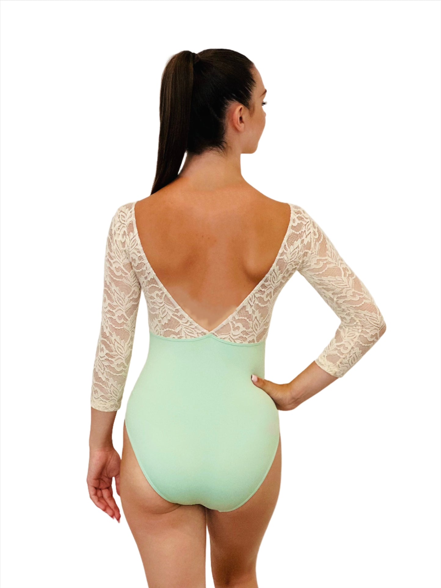 LACE TOP 3/4 SLEEVE MINT LEOTARD WITH SWEETHERAT NECKLINE AND DEEP V BACK FROM THE COLLECTIVE DANCEWEAR