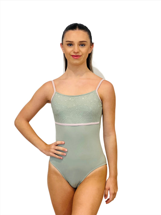 Lace top ballet leotard in sage green and contrasting lilac from The Collective Dancewear