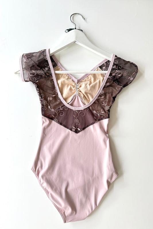 Embroidered Cap Sleeve Leotard - Lilac w. Contrasting Mesh