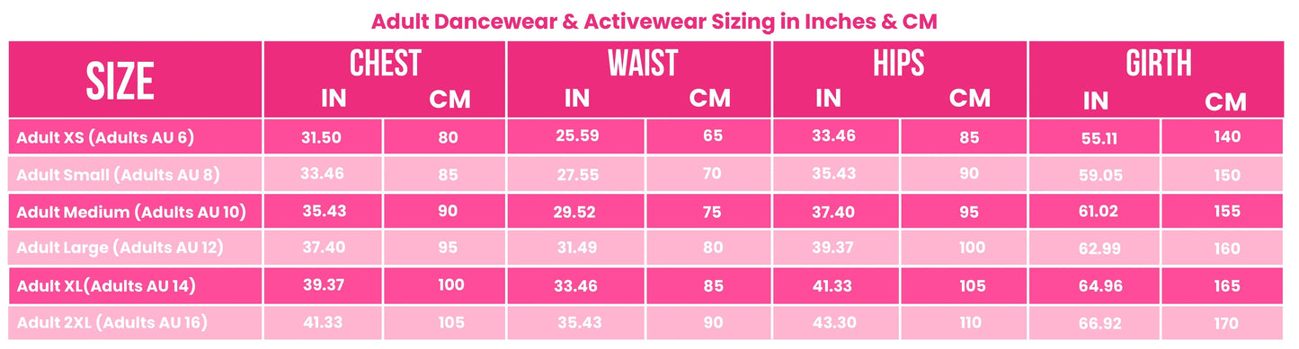 Claudia Dean Adult Size Chart from The Collective Dancewear