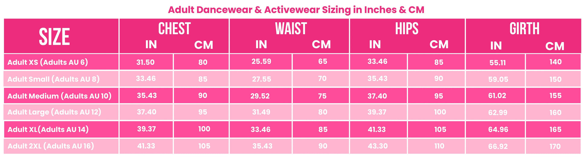 Claudia Dean Adult Size Chart from The Collective Dancewear