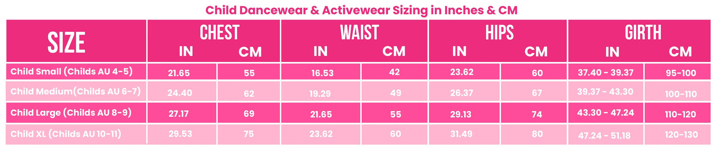 Claudia Dean Adult Size Chart from The Collective Dancewear
