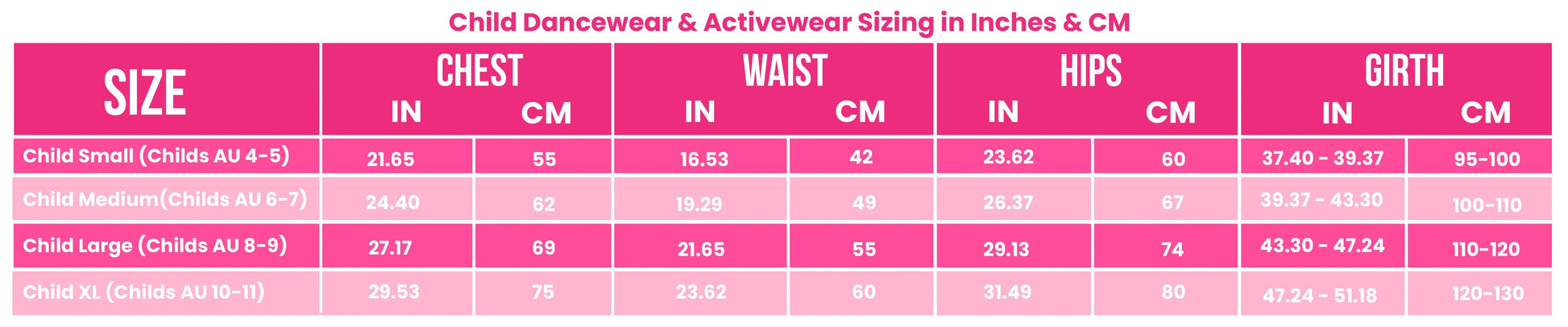 Claudia Dean Adult Size Chart from The Collective Dancewear