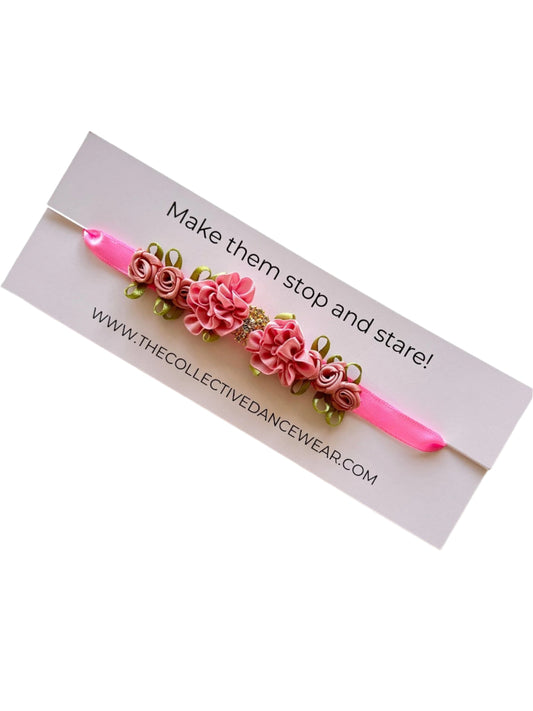Bun Wrap - Gold Diamante with Pink Flowers - THE COLLECTIVE DANCEWEARBun Wrap - Gold Diamante with Pink Flowers#mBun wrapTHE COLLECTIVE DANCEWEAR