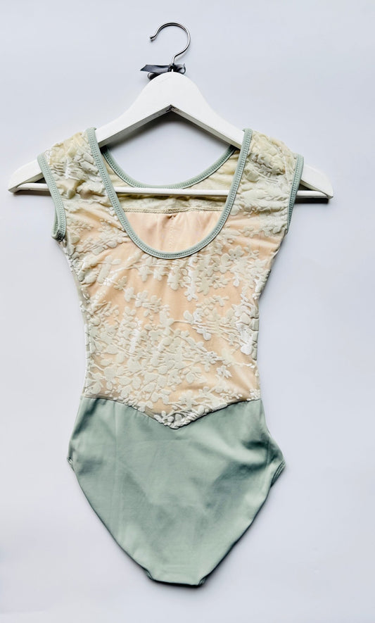 Cap Sleeve Leotard with Flock Floral Pattern - Sage - THE COLLECTIVE DANCEWEARCap Sleeve Leotard with Flock Floral Pattern - SagemLeotardTHE COLLECTIVE DANCEWEAR