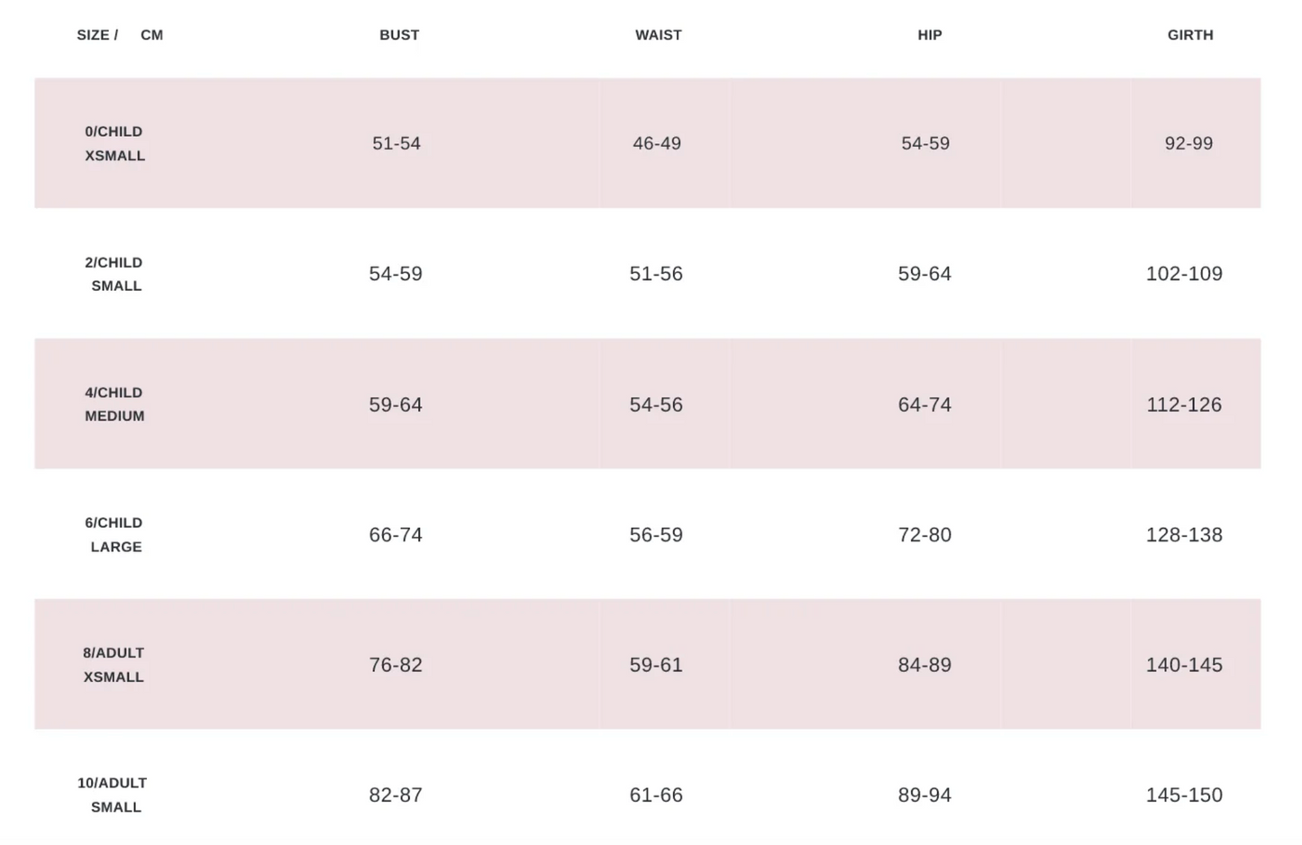 Danse de Paris Size Chart