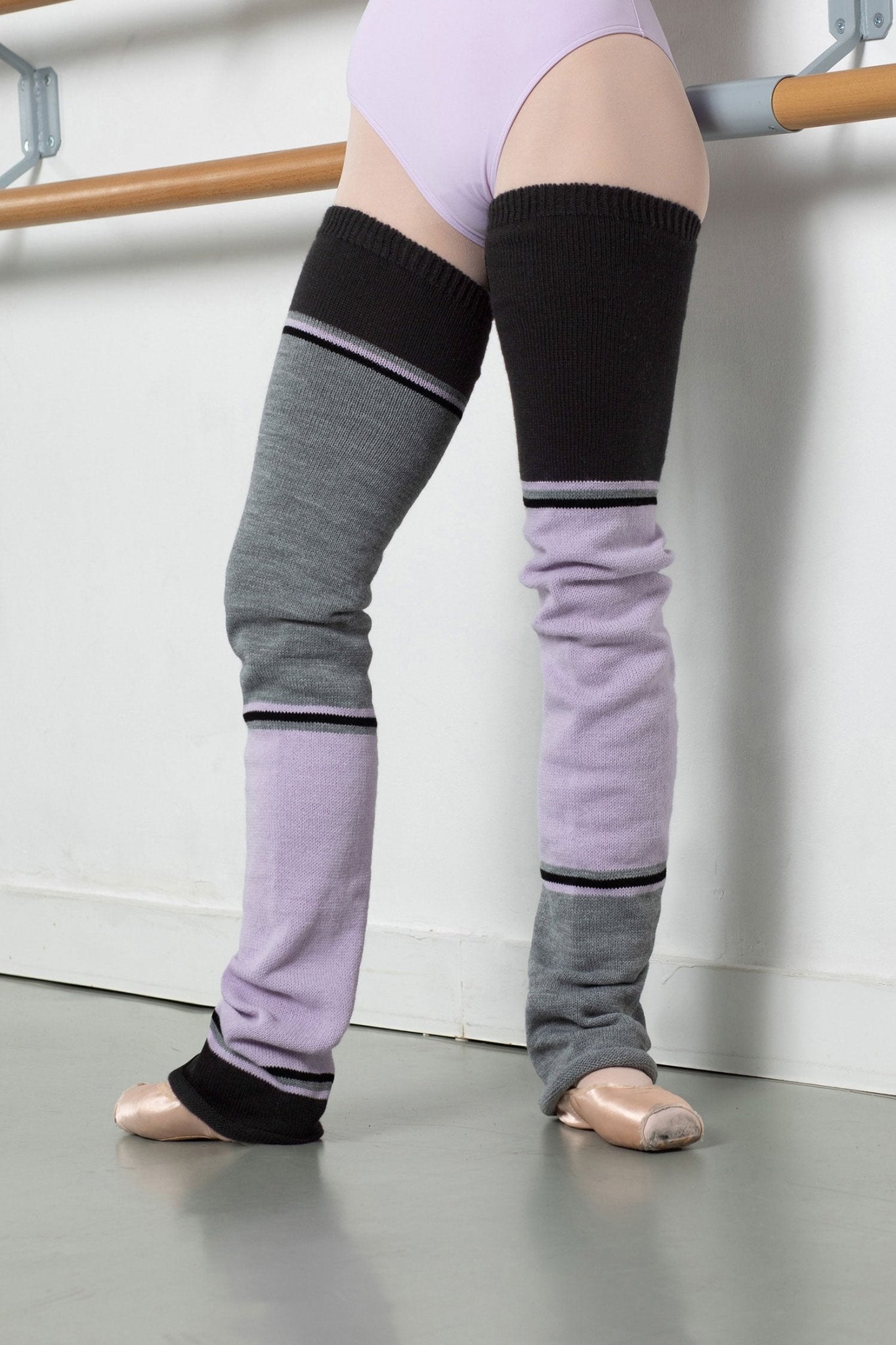 THE COLLECTIVE DANCEWEAR Intermezzo Caytlin Long Legwarmers - Black, Lilac and Grey#mwarm upsTHE COLLECTIVE DANCEWEAR