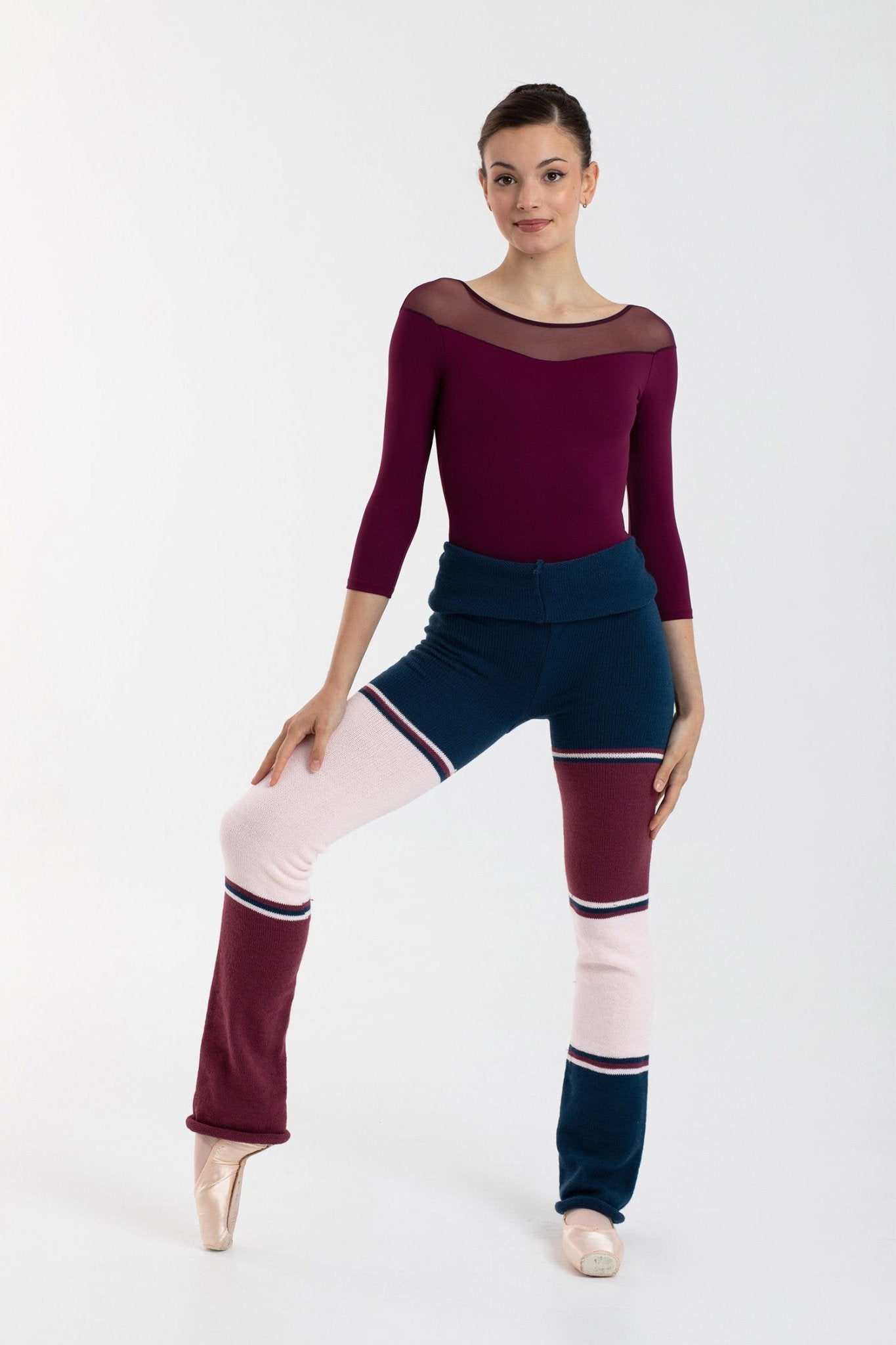 THE COLLECTIVE DANCEWEAR Intermezzo Cosimo Knitted Warmup Pants - Blue, Pink & Wine#mwarm upsTHE COLLECTIVE DANCEWEAR