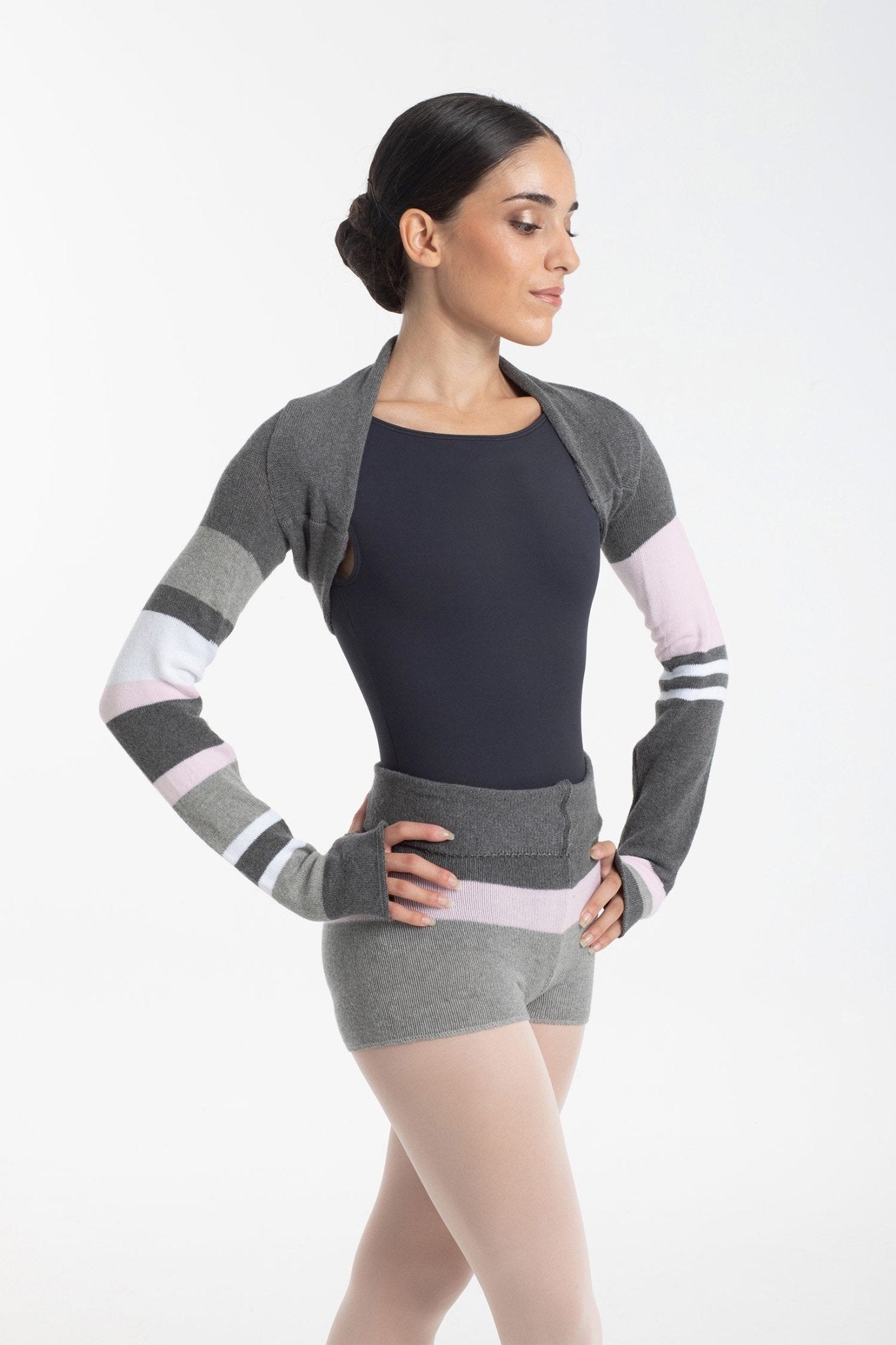 THE COLLECTIVE DANCEWEAR Intermezzo Mansurbi Knitted Warmup Shrug - Grey, Pink & White#mwarm upsTHE COLLECTIVE DANCEWEAR