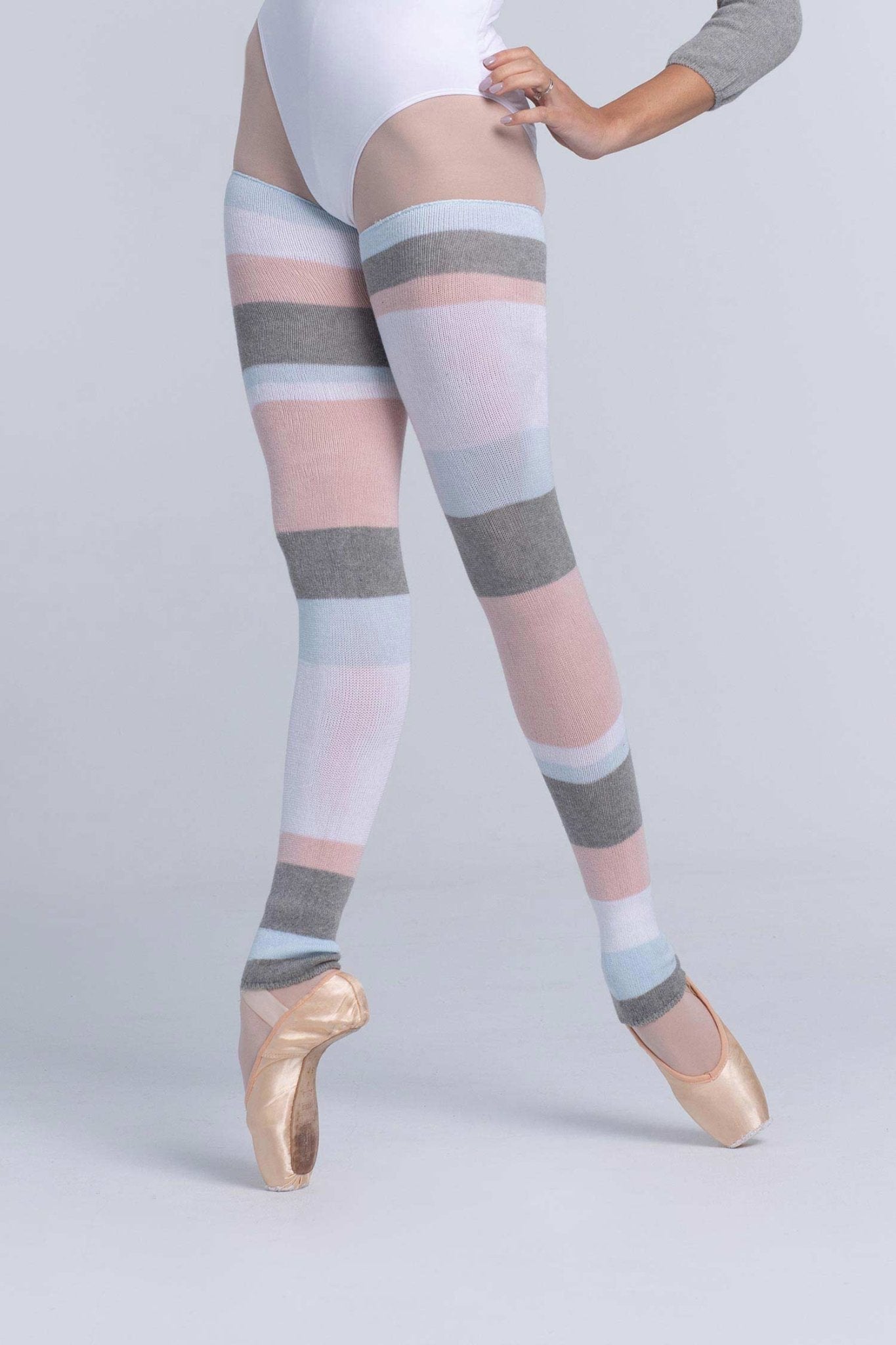 THE COLLECTIVE DANCEWEAR Intermezzo Maxiband Long Legwarmers - Grey, Pink, Blue and White#mwarm upsTHE COLLECTIVE DANCEWEAR