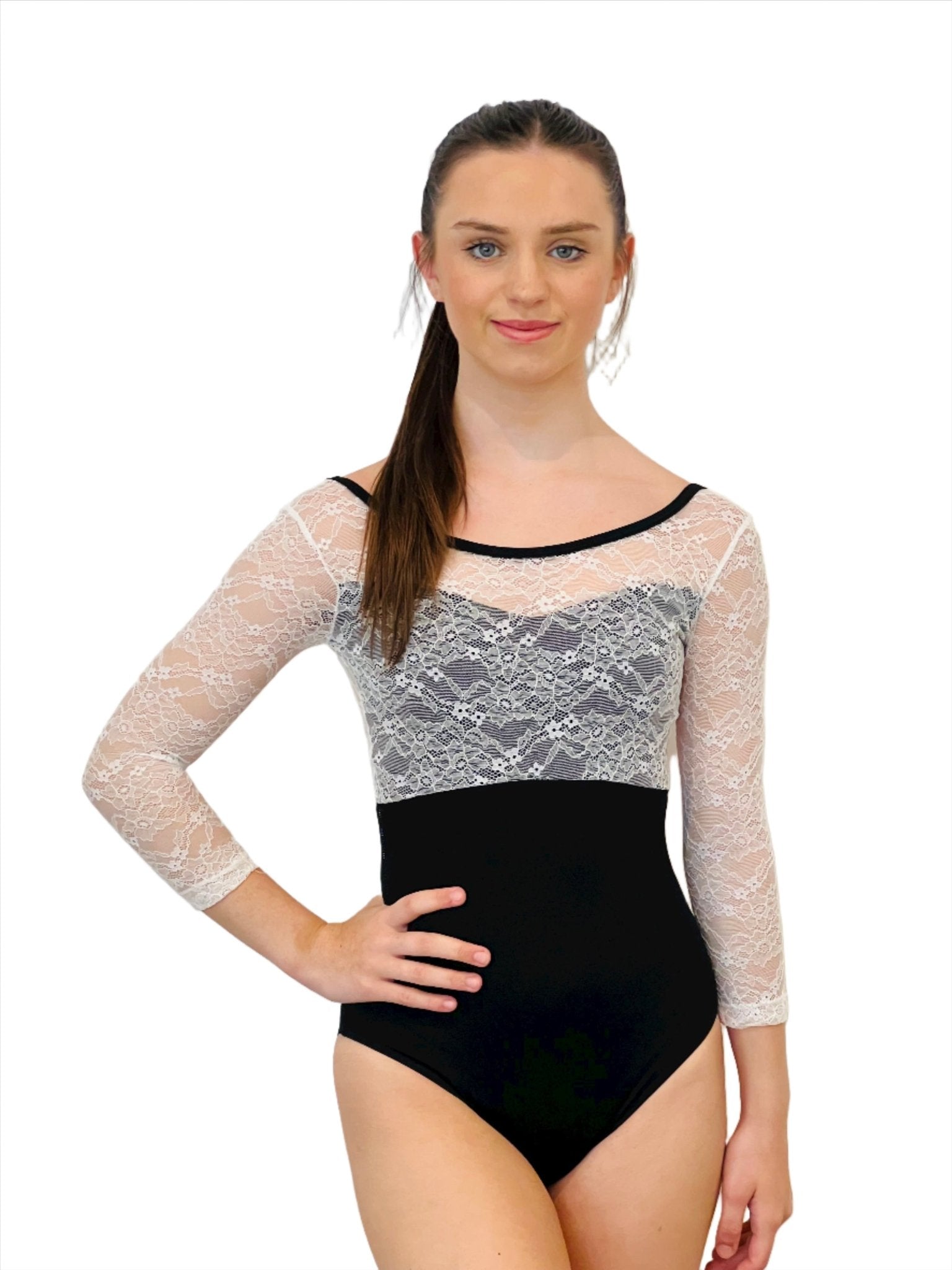 Lace Sleeve Leotard Black