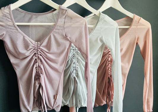 Lyrical Gathered Mesh Top Long Sleeve PinkLyrical Gathered Mesh Top Long Sleeve - Dusky Pink#mWARMUPSTHE COLLECTIVE DANCEWEAR
