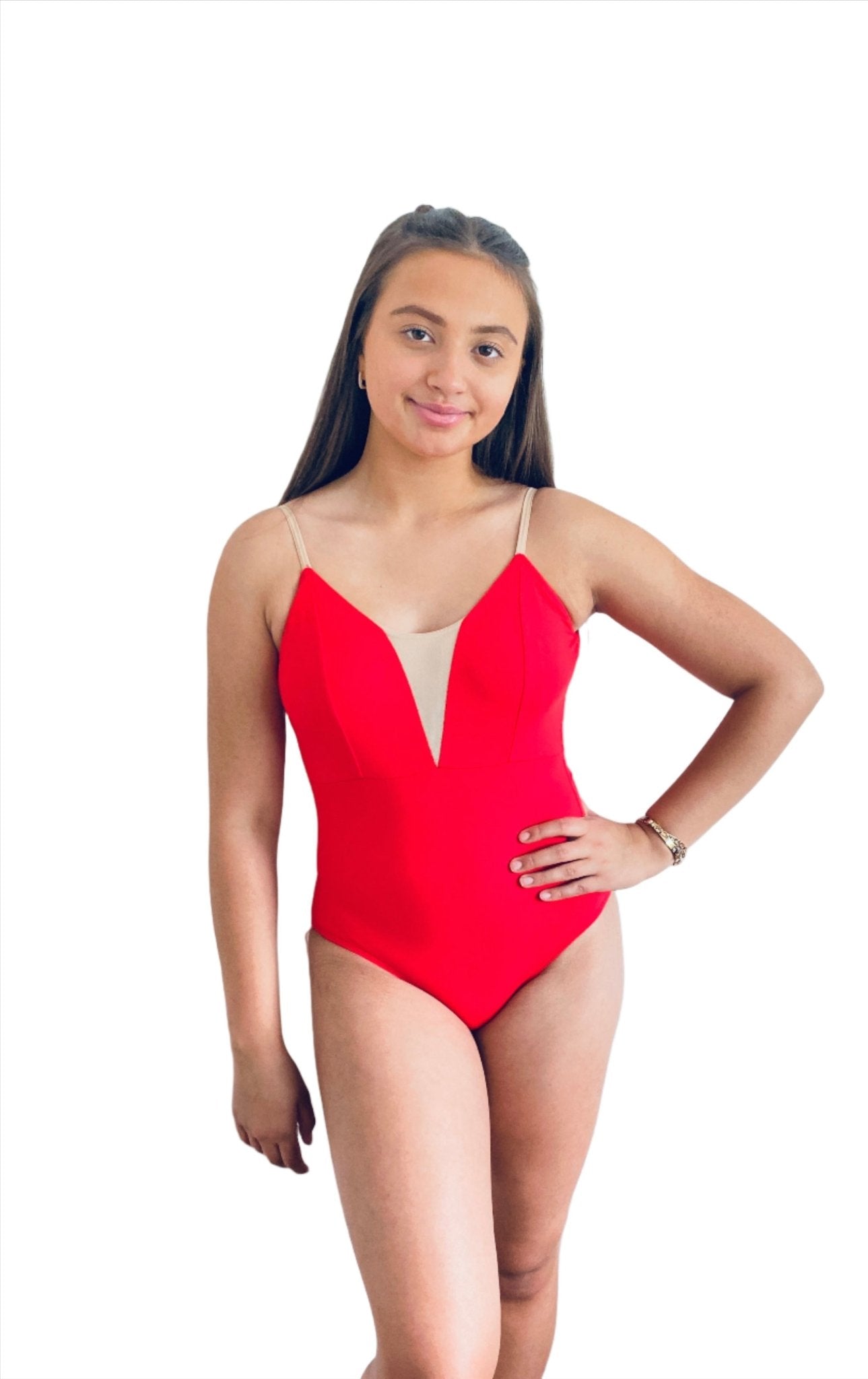 V Mesh Camisole Leotard - Red With Nude StrapsV Mesh Camisole Leotard - Red With Nude Straps#mLeotardTHE COLLECTIVE DANCEWEAR