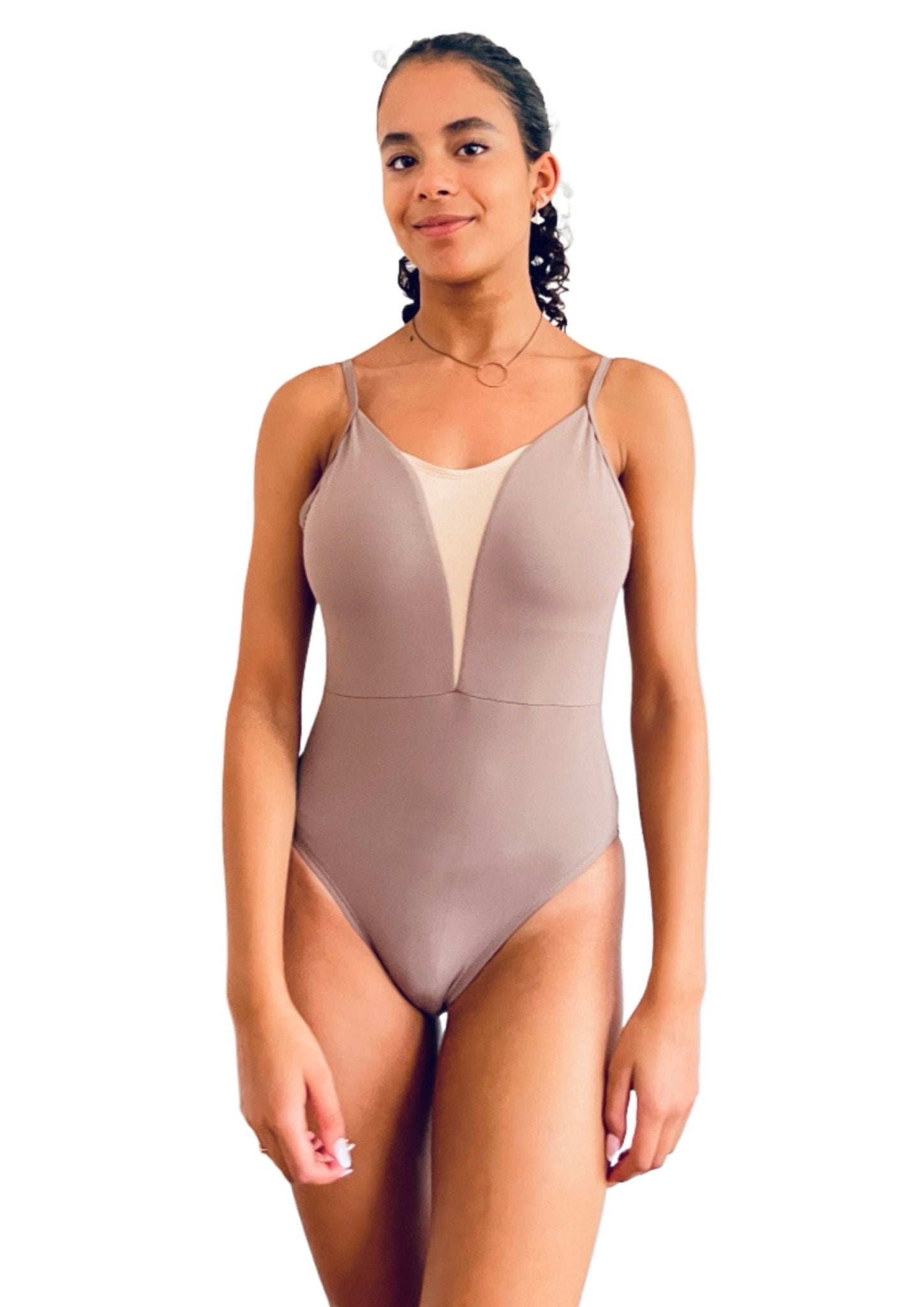 V Mesh Camisole Ballet Leotard - Sand and nude color straps – THE  COLLECTIVE DANCEWEAR