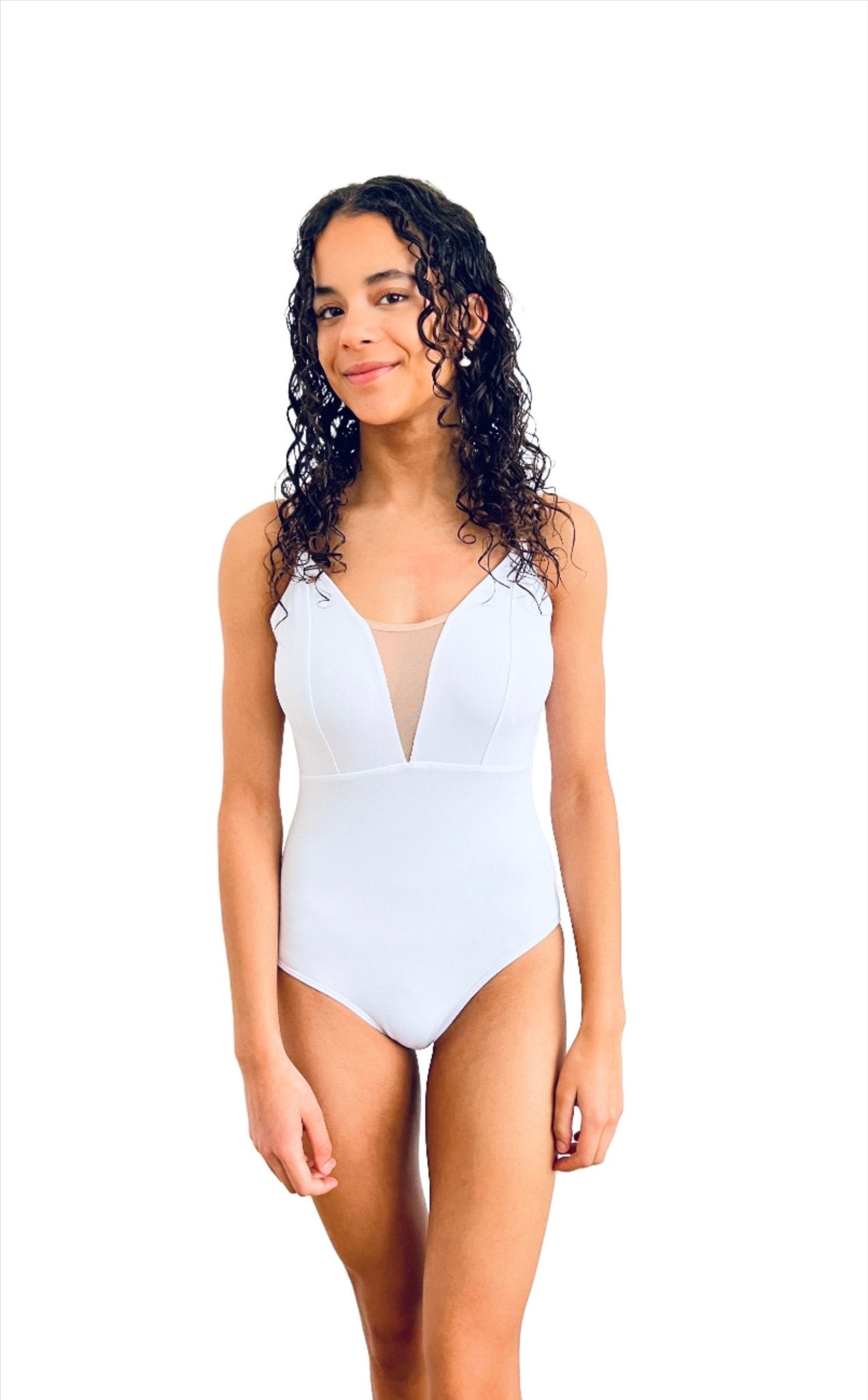 THE COLLECTIVE DANCEWEAR V Mesh Camisole Leotard - White With Nude Straps#mLeotardTHE COLLECTIVE DANCEWEAR