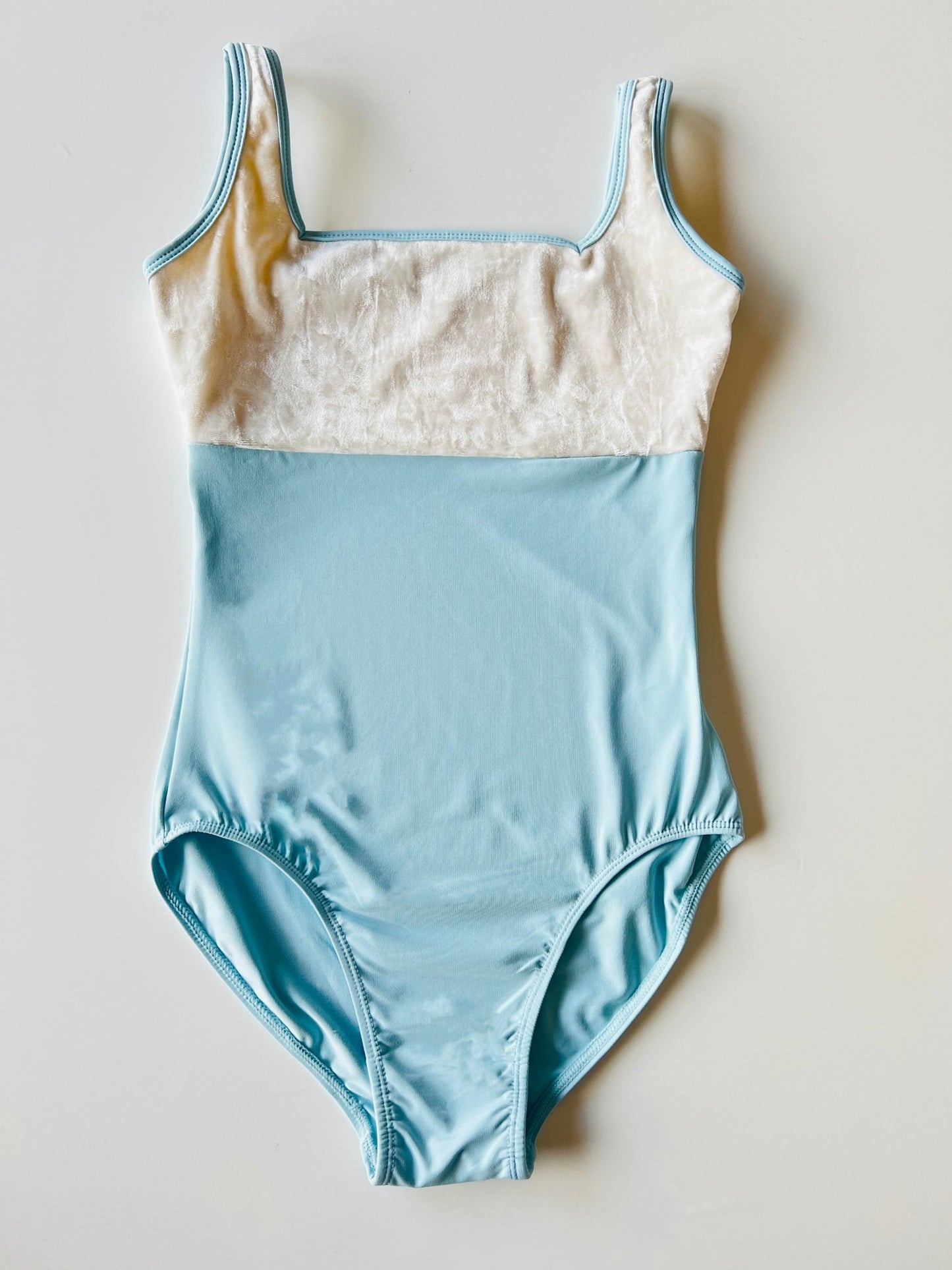 THE COLLECTIVE DANCEWEAR White and Pastel Blue Tank Leotard with Velour Bust#mLeotardTHE COLLECTIVE DANCEWEAR