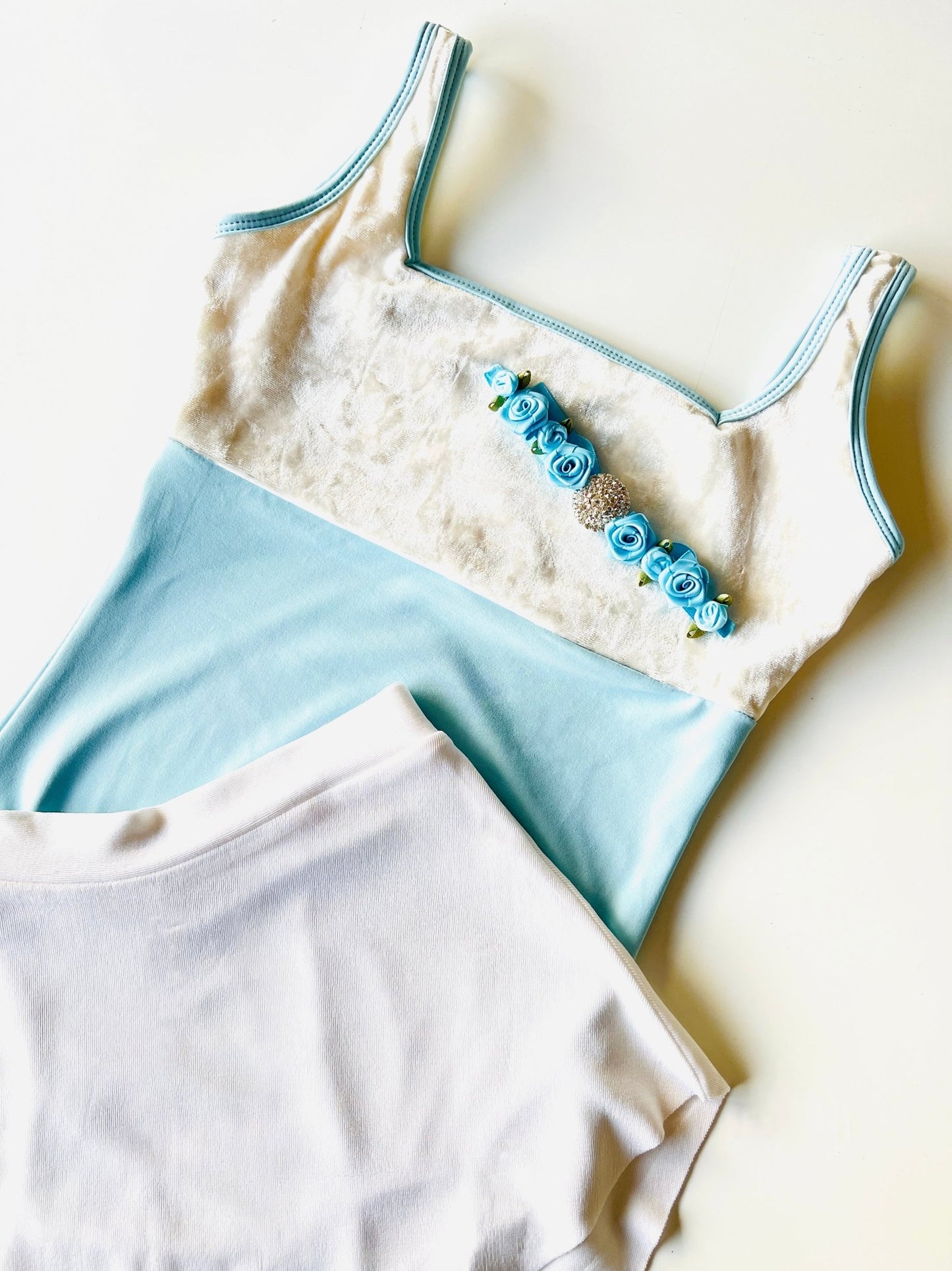 THE COLLECTIVE DANCEWEAR White and Pastel Blue Tank Leotard with Velour Bust#mLeotardTHE COLLECTIVE DANCEWEAR