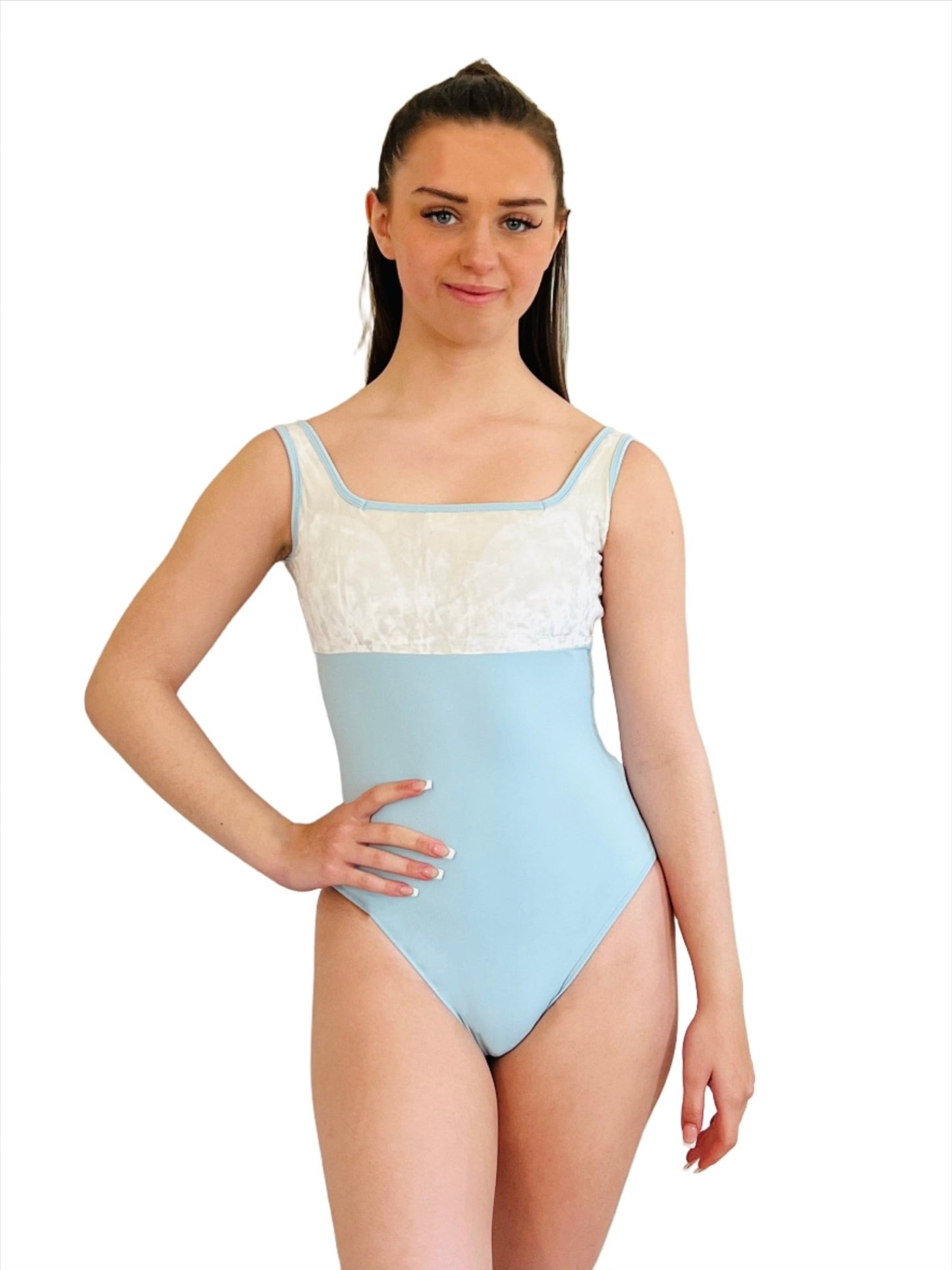 THE COLLECTIVE DANCEWEAR White and Pastel Blue Tank Leotard with Velour Bust#mLeotardTHE COLLECTIVE DANCEWEAR