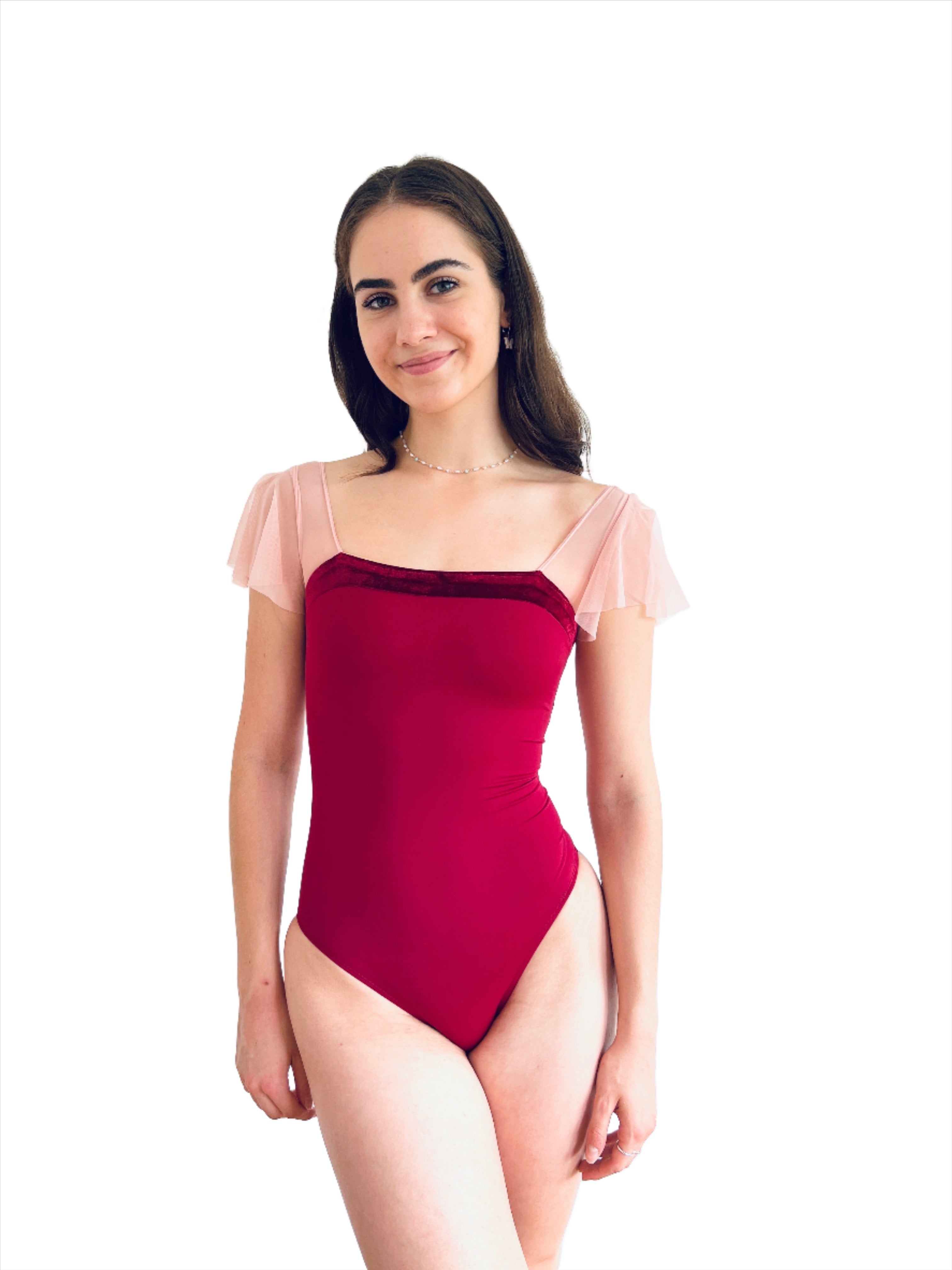 Princess Fluted Sleeve Leotard - Red with Pink sleeves