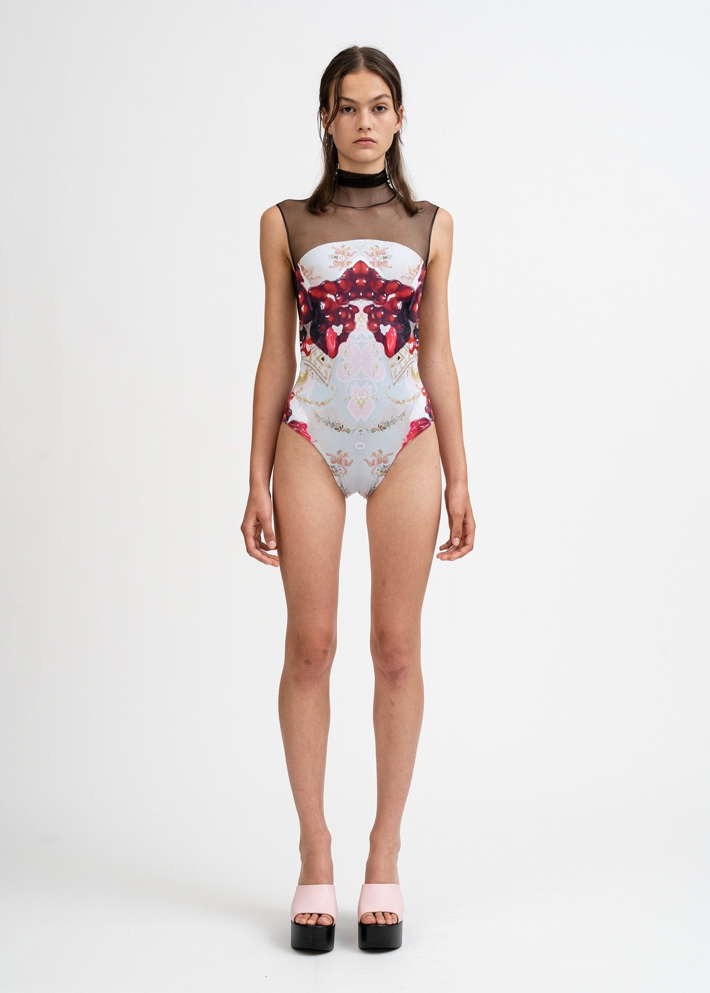 Maldire leotard in black high neck mesh and printed body from the collective dancewear