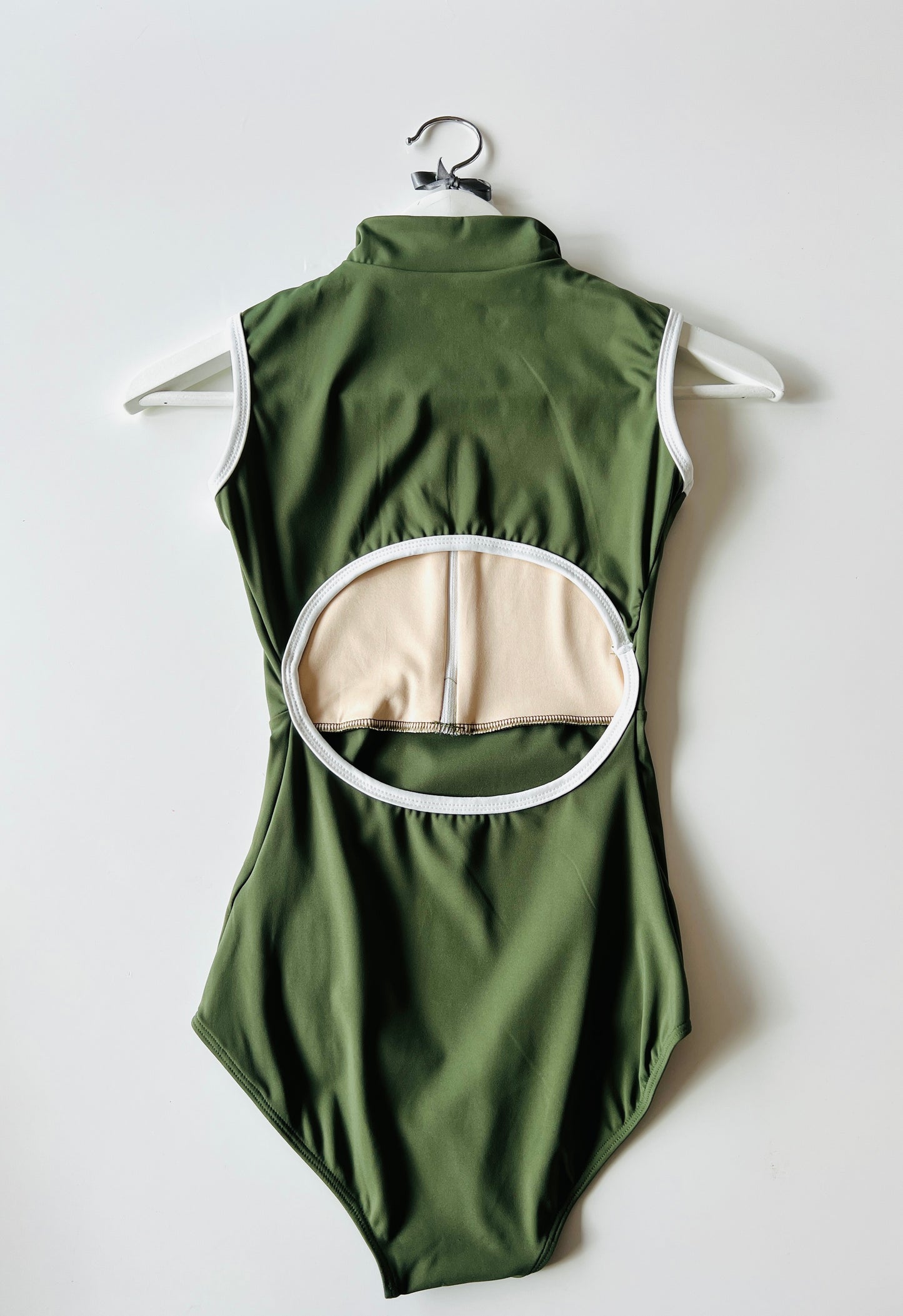Zip up Leotard in olive with open back sold by The Collective Dancewear