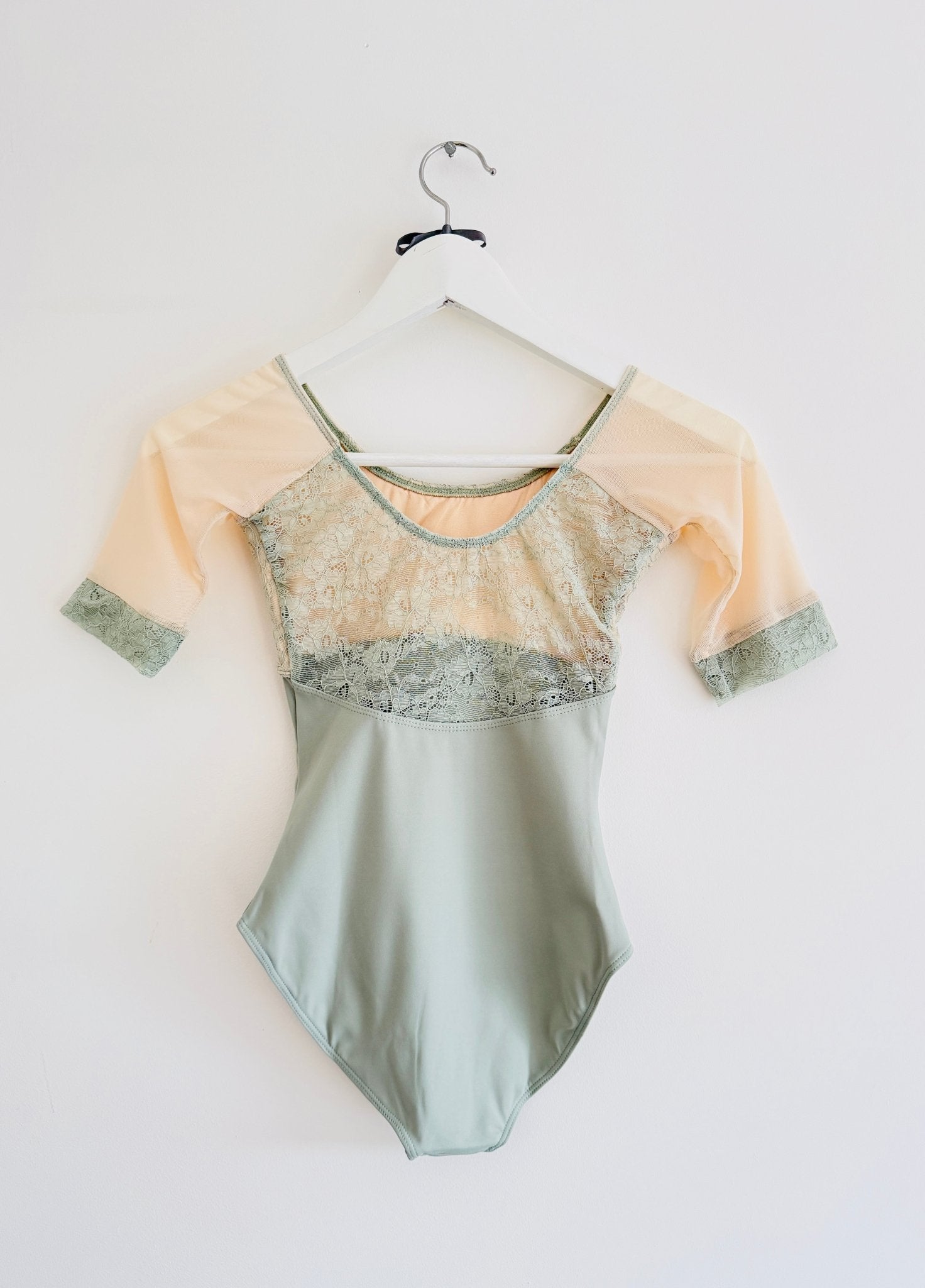 3/4 Sleeve Leotard with Embroidered Bust - Sage - THE COLLECTIVE DANCEWEAR3/4 Sleeve Leotard with Embroidered Bust - SagemLeotardTHE COLLECTIVE DANCEWEAR