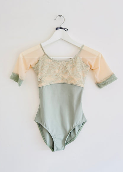 3/4 Sleeve Leotard with Embroidered Bust - Sage - THE COLLECTIVE DANCEWEAR3/4 Sleeve Leotard with Embroidered Bust - SagemLeotardTHE COLLECTIVE DANCEWEAR