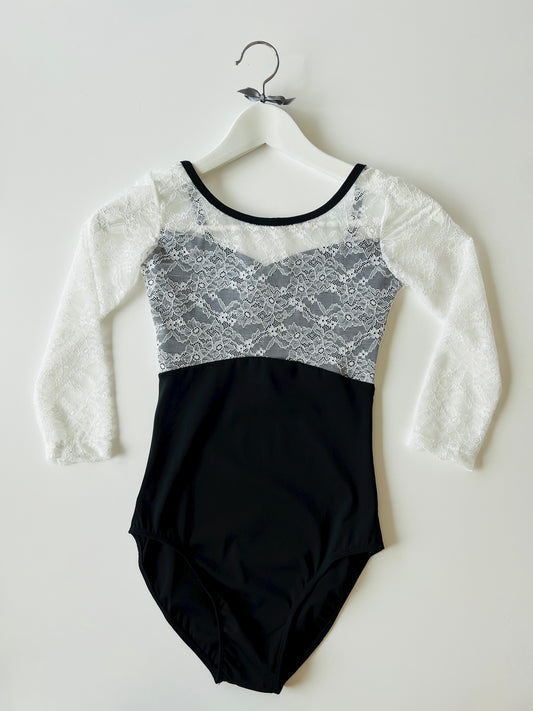 lace sleeve ballet leotard in black with white lace from The Collective Dancwear