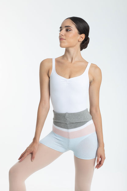 Intermezzo knitted unisex warm up shorts for ballet and dance in pink, grey, blue and white from The Collective Dancewear