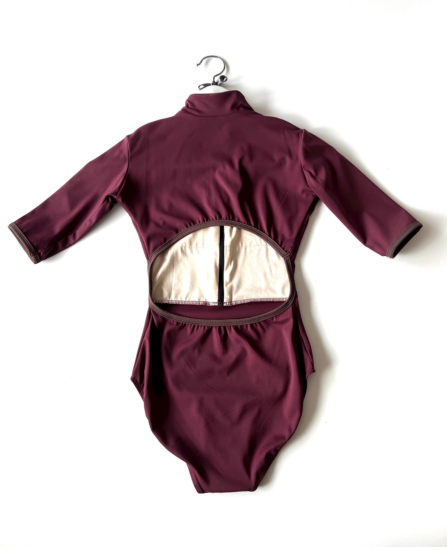 Zip up Leotard in burgundy with open back sold by The Collective Dancewear
