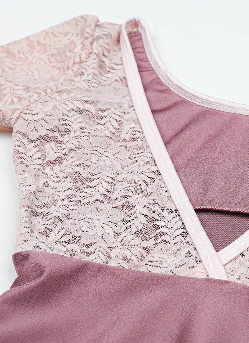 Alice lace cap sleeve leotard in antique pink from Olivine Sold by The Collective Dancewear
