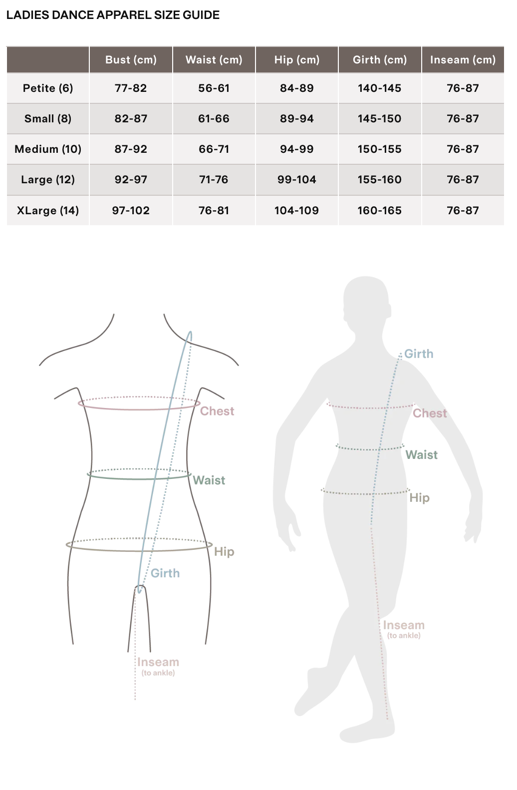 Bloch ladies size chart