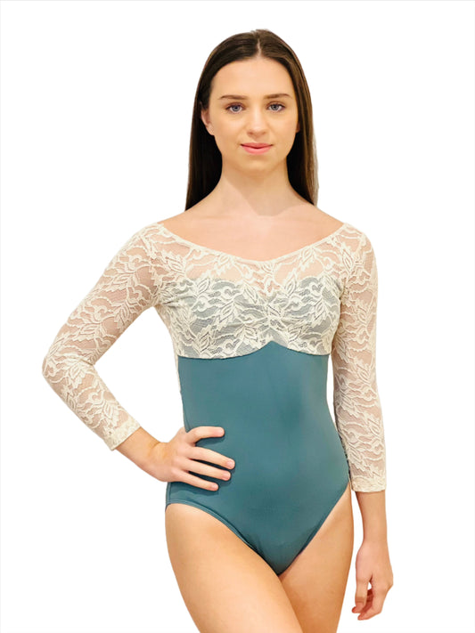 Lace sleeve ballet leotard in forest green long sleeves from The Collective Dancewear