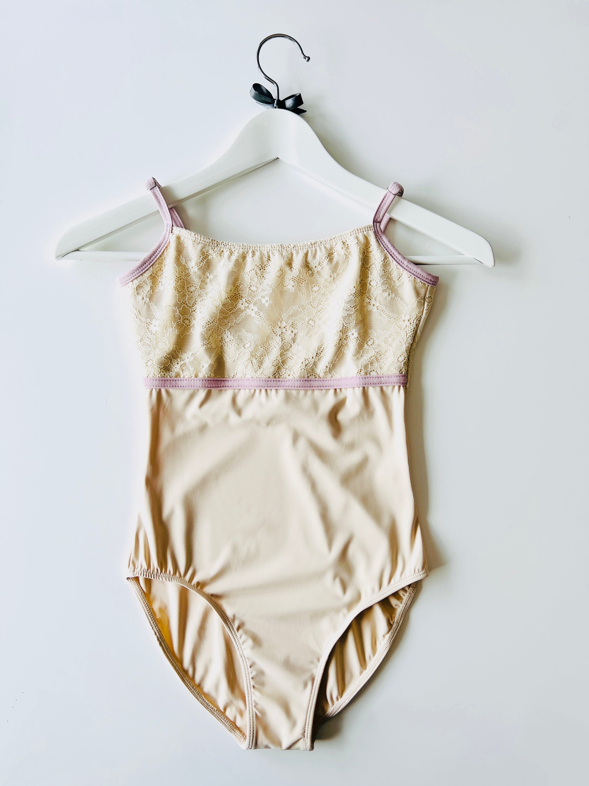 Lace top ballet leotard in cream  and contrasting lilac from The Collective Dancewear