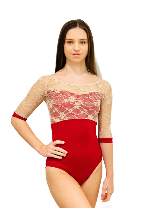 Lace sleeve leotard in red from The Collective Dancewear