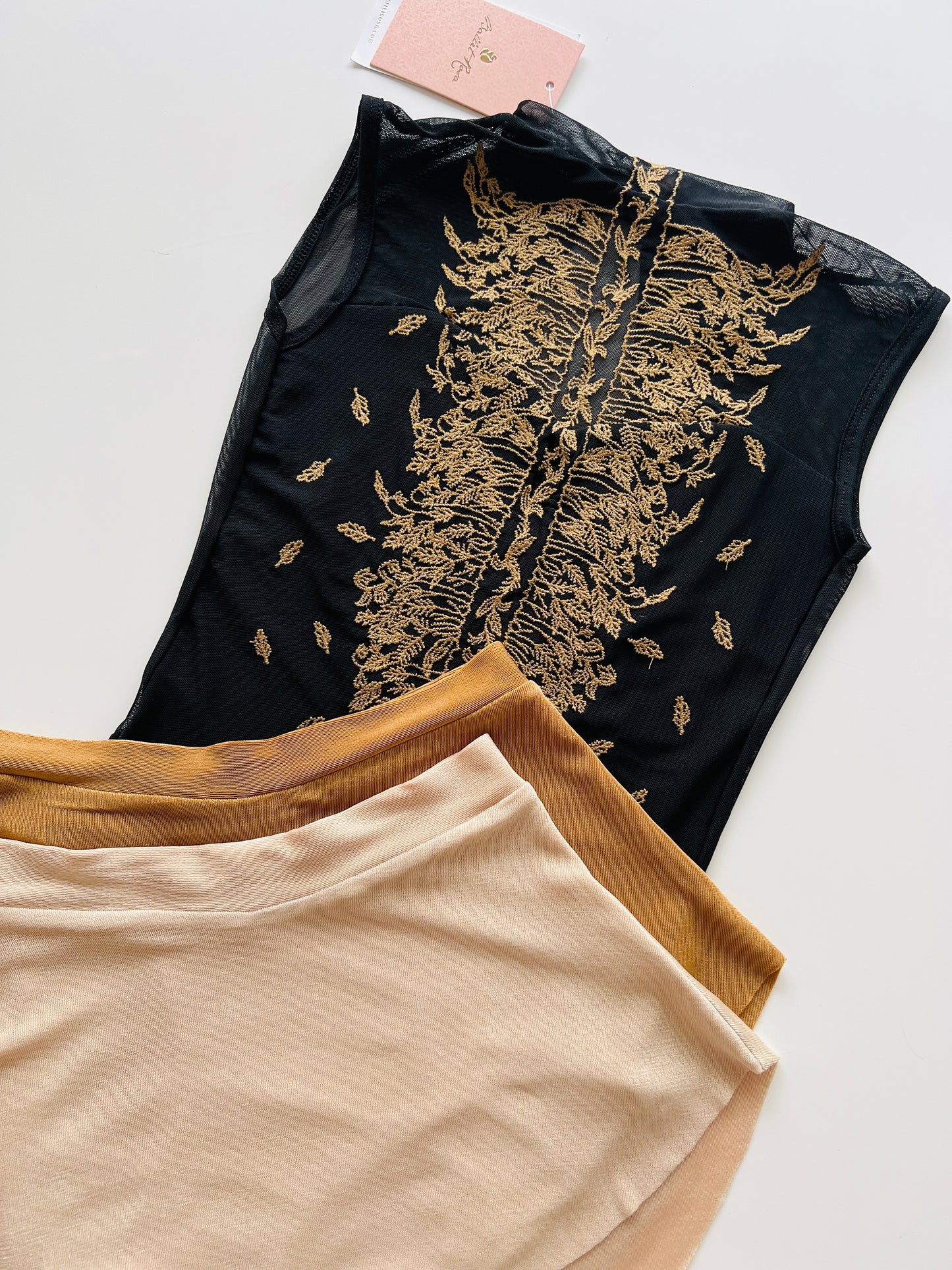 Harper leotard in gold with Bullet Pointe skirts Drift and Gold from the Collective Dancewear 