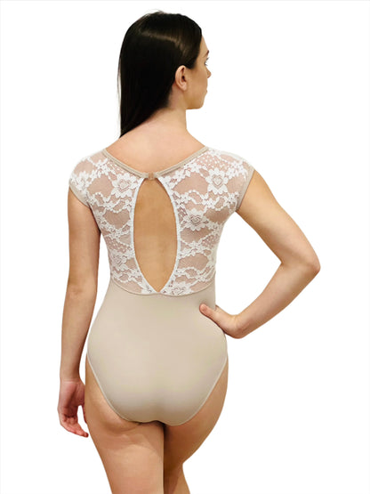 Lace cap sleeve leotard in dusky pink from the collective Dancewear