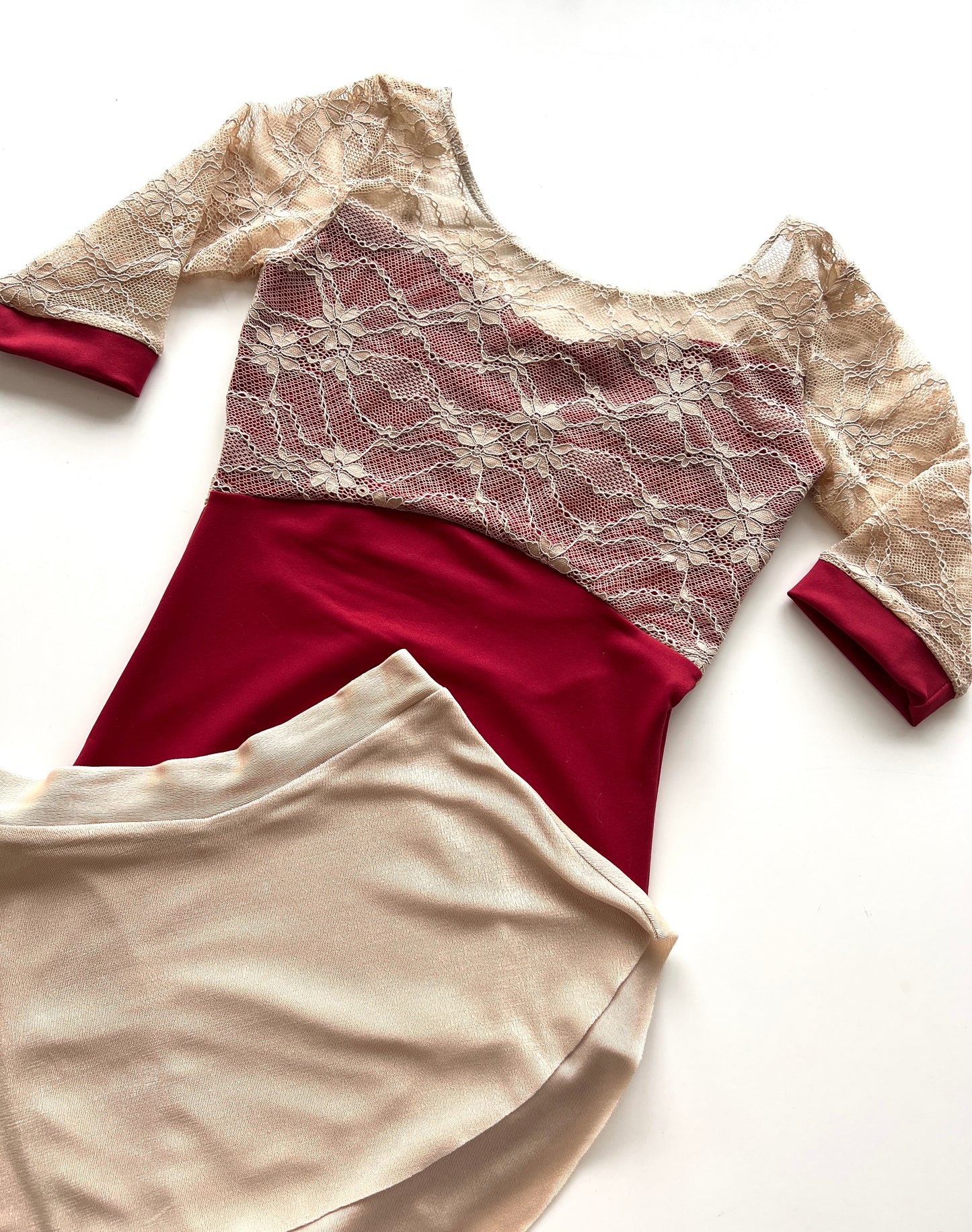 Lace sleeve leotard in red  with  Bullet Pointe Skirt in Drift from The Collective Dancewear