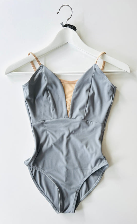 V Mesh Camisole Leotard -Grey With Nude Straps