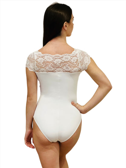 White lace top, square neck, cap sleeve leotard from The Collective Dancewear