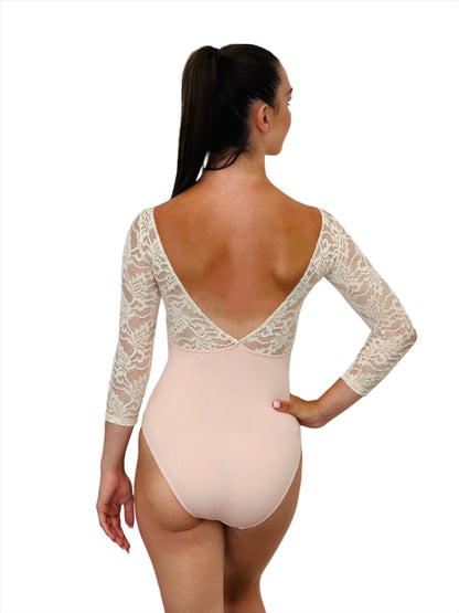 LACE TOP 3/4 SLEEVE PINK LEOTARD WITH SWEETHERAT NECKLINE AND DEEP V BACK FROM THE COLLECTIVE DANCEWEAR