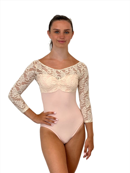 LACE TOP 3/4 SLEEVE PINK LEOTARD WITH SWEETHERAT NECKLINE AND DEEP V BACK FROM THE COLLECTIVE DANCEWEAR