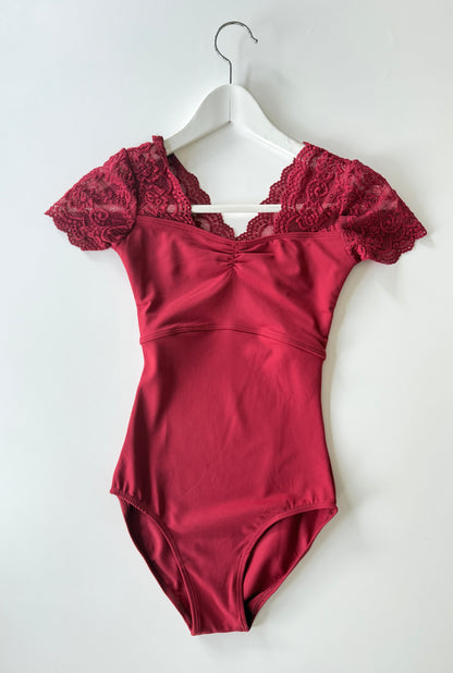 The Lace Short Sleeve Leotard - Red