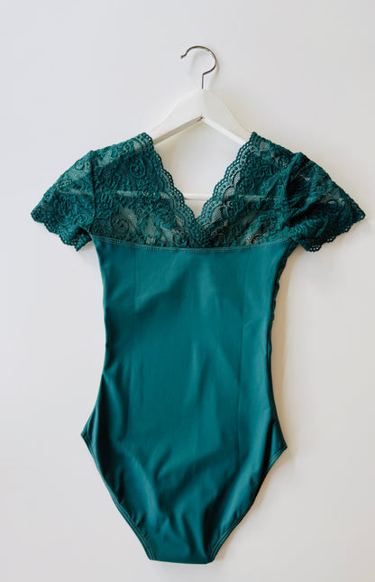 The Lace Short Sleeve Leotard - Dark Green