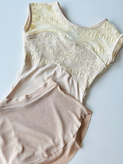 Lace cap sleeve leotard in antique cream with Bullet POinte Sab skirt in Drift from the collective Dancewear
