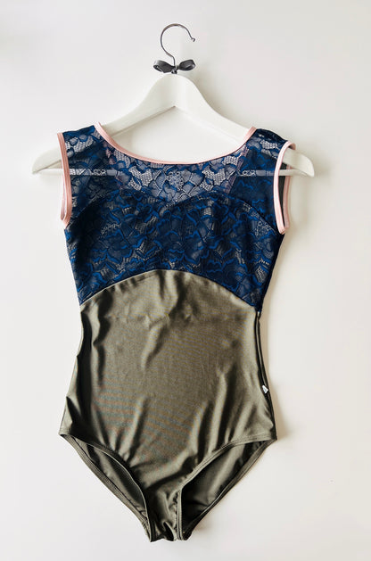 Chloe Cap Sleeve Lace Leotard in Khaki and Navy from Olivine and sold by The Collective Dancewear