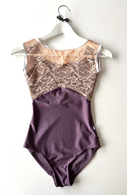 Chloe Lace Cap Sleeve Leotard in Purple and Cream from Olivine and sold by The Collective Dancewear