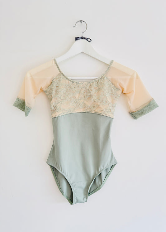 3/4 Sleeve Leotard with Embroidered Bust - Sage
