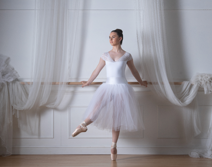 Sonata ballet leotard Leila in white sold by The Collective Dancewear Photo Jon Appelgate